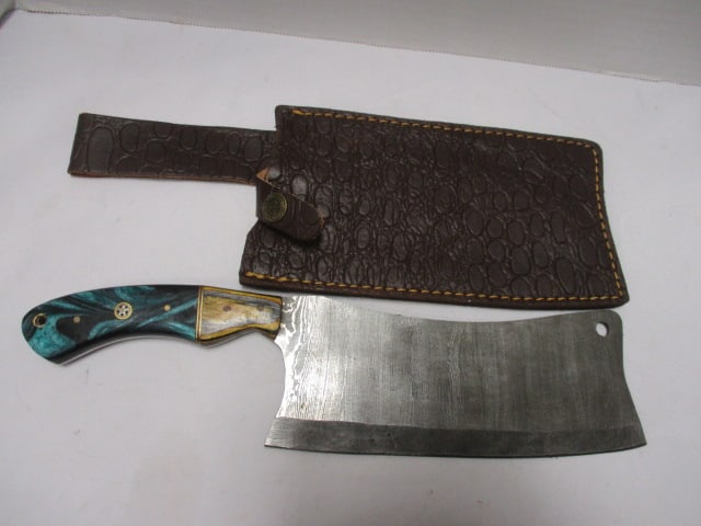 Damascus Cleaver with Leather Sheath (1 of 8)