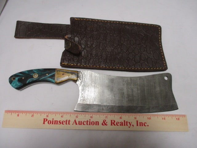 Damascus Cleaver with Leather Sheath - 8