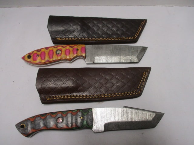 Two Damascus Railroad Bull Nose Knife with Leather Sheaths (1 of 7)