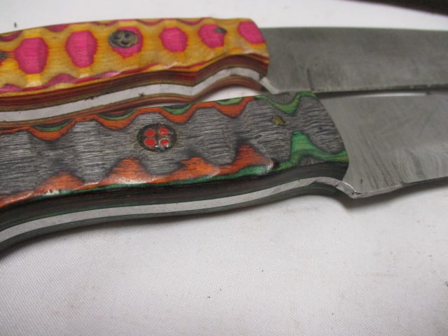 Two Damascus Railroad Bull Nose Knife with Leather Sheaths - 5