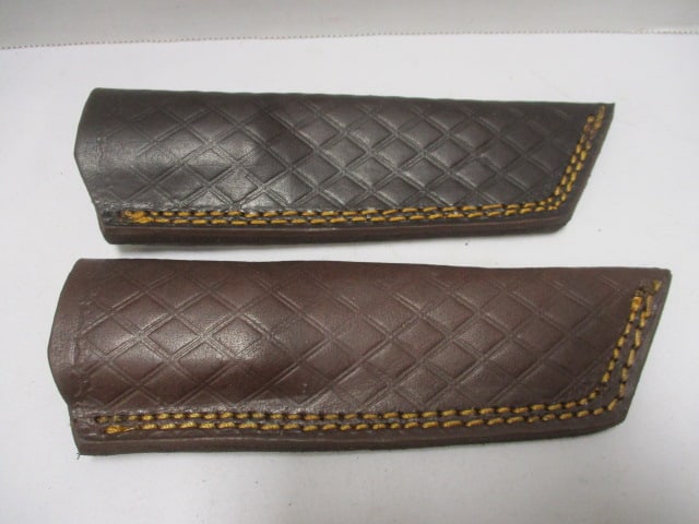 Two Damascus Railroad Bull Nose Knife with Leather Sheaths - 6