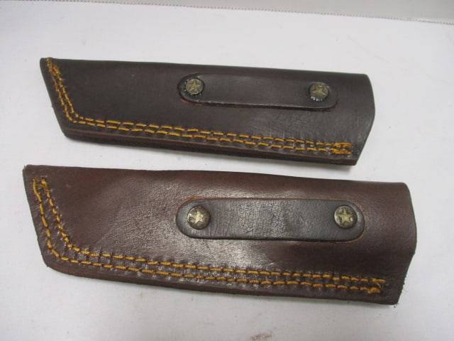 Two Damascus Railroad Bull Nose Knife with Leather Sheaths - 7