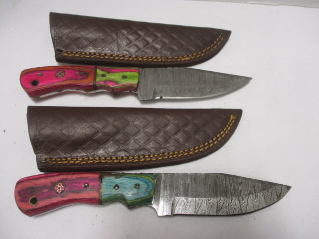 Two Damascus Fixed Hunting Knife with Leather Sheaths: 8" Long- 4" Blade
