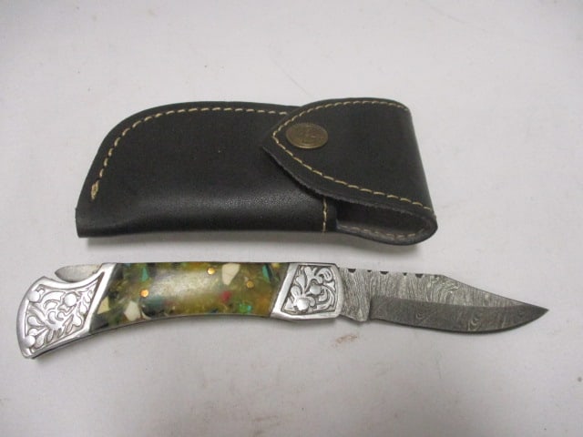 Damascus Folding Pocket Knife with Leather Sheath: 7" Long- 3" Blade