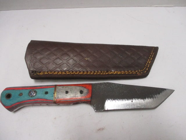 Damascus Railroad Bull Nose Knife with Leather Sheath: 8" Long- 4" Blade