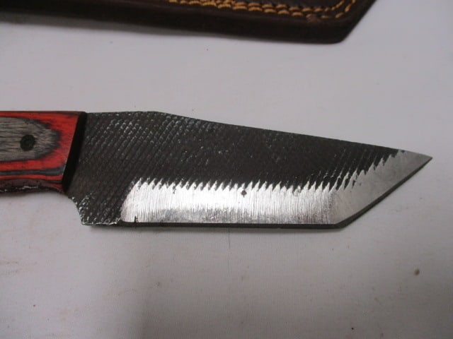 Damascus Railroad Bull Nose Knife with Leather Sheath - 2