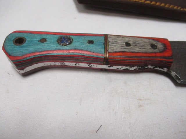 Damascus Railroad Bull Nose Knife with Leather Sheath - 3