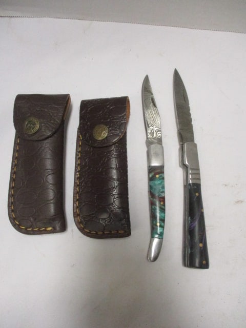 Two Damascus Folding Pocket Knives with Leather Sheaths (1 of 6)