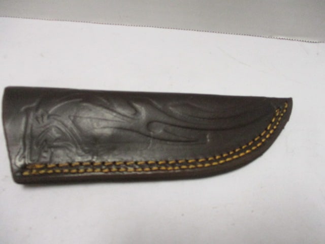 Damascus Gut Hook Knife with Leather Sheath - 6