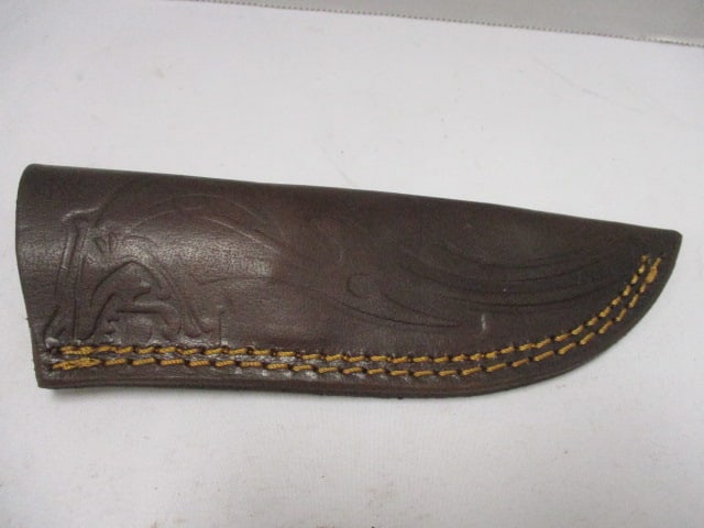 Damascus Gut Hook Knife with Leather Sheath - 6