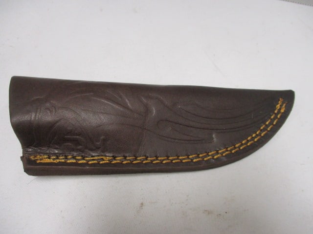 Damascus Gut Hook Knife with Leather Sheath - 6