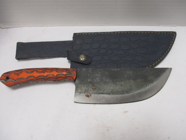 Damascus Cleaver with Leather Sheath: 12" Long- 7" Blade