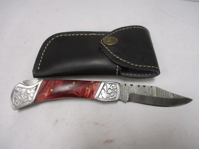Damascus Folding Pocket Knife with Leather Sheath (1 of 6)