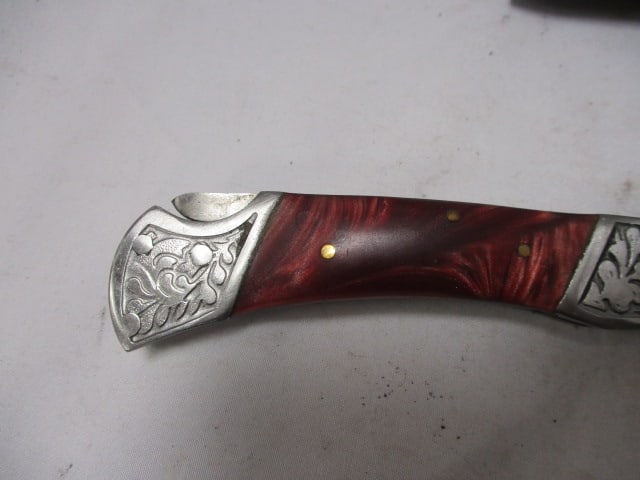 Damascus Folding Pocket Knife with Leather Sheath - 3