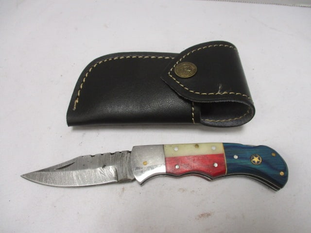 Damascus Folding Pocket Knife with Leather Sheath (1 of 7)
