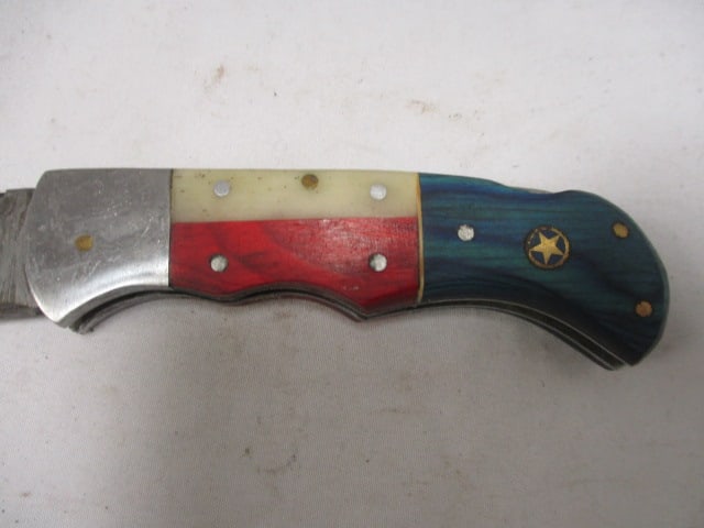 Damascus Folding Pocket Knife with Leather Sheath - 2