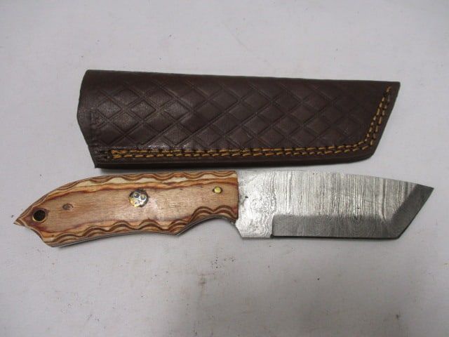 Damascus Railroad Bull Nose Knife with Leather Sheath (1 of 7)