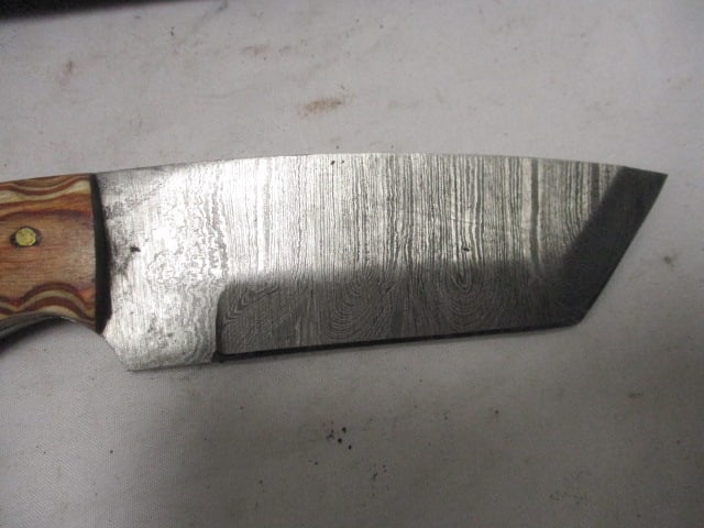 Damascus Railroad Bull Nose Knife with Leather Sheath - 2