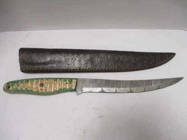 Damascus Filet Knife with Leather Sheath: 14" Long- 9" Blade