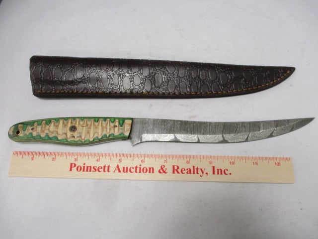 Damascus Filet Knife with Leather Sheath - 8