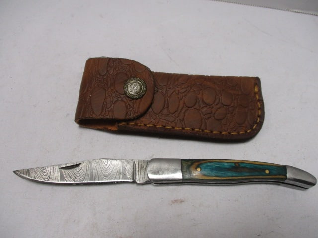 Damascus Folding Pocket Knife with Leather Sheath (1 of 7)