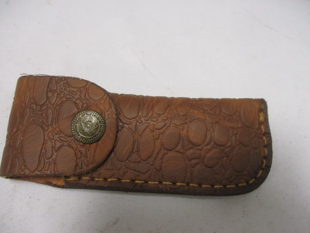 Damascus Folding Pocket Knife with Leather Sheath - 6