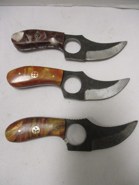 Three Damascus Short Skinner Knives with Leather Sheaths - 2