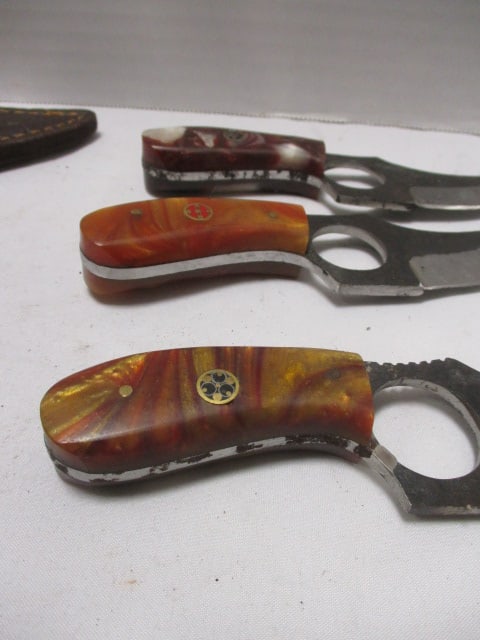 Three Damascus Short Skinner Knives with Leather Sheaths - 3