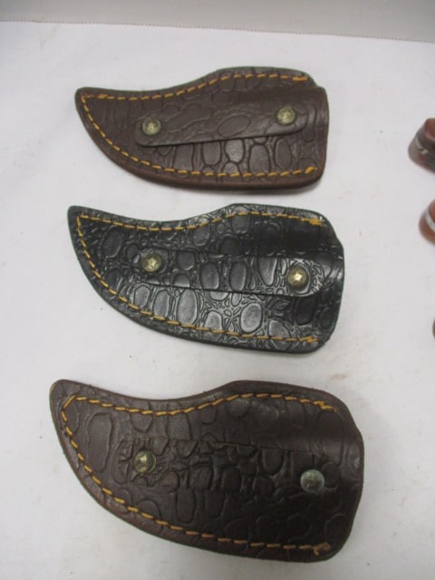 Three Damascus Short Skinner Knives with Leather Sheaths - 6