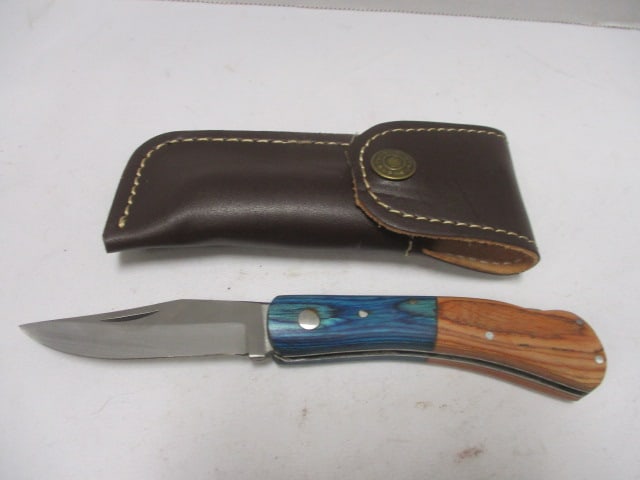 Damascus Folding Pocket Knife with Leather Sheath (1 of 7)