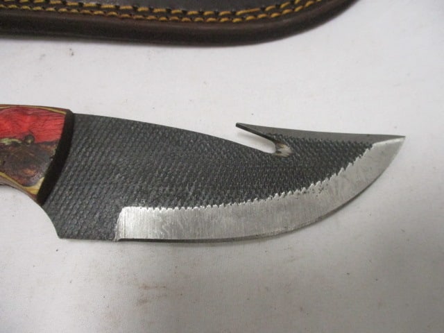 Damascus Gut Hook Knife with Leather Sheath - 2