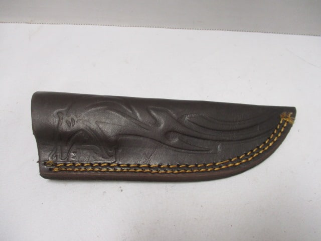 Damascus Gut Hook Knife with Leather Sheath - 6