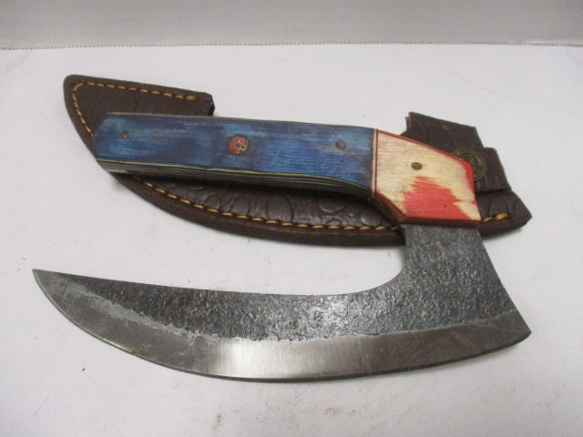 Damascus ULU Alaskan Cutting Knife with Leather Sheath: 8" Blade