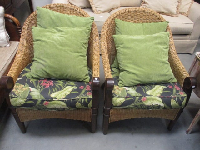 Faux Wicker & Wood Chairs w/Cushions: .