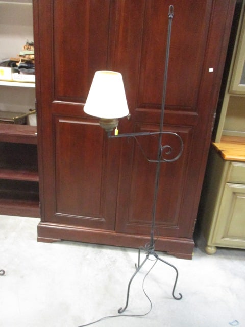 Wrought Iron Vtg, Iron & Brass Floor Lamp w/Adj. Arm: 62 1/2"