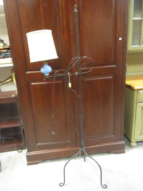 Wrought Iron Vtg, Iron Floor Lamp w/Adj. Arm: 62 1/2" (Crewel Work Lampshade)