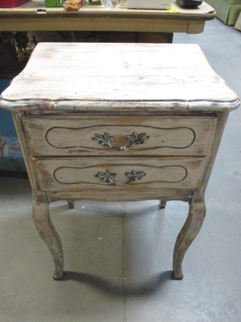 Distressed French Provincial Style 2 Drawer Accent Table: 18 x 14 x 26