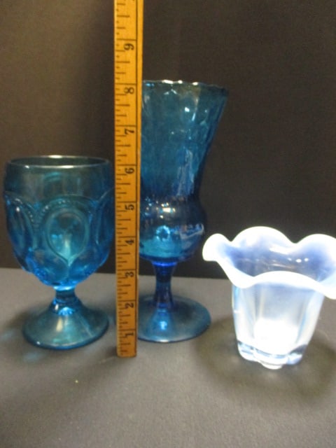 Blue Art Glass Vase 8", L.E. Smith Moon/Stars Goblet 6", & - 10