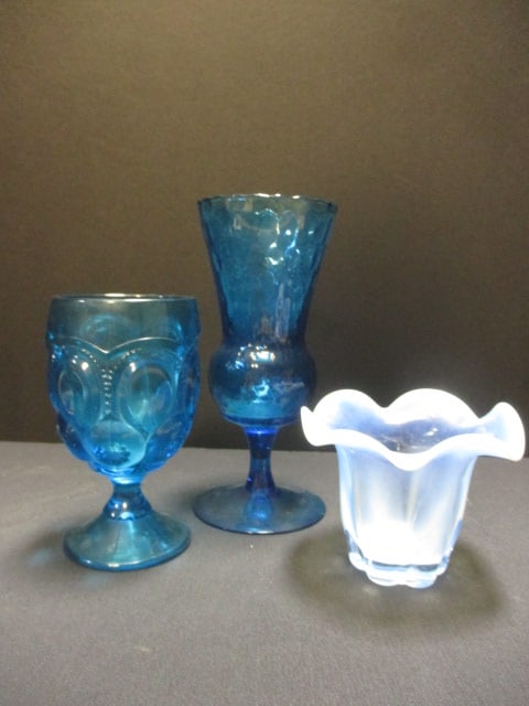 Blue Art Glass Vase 8", L.E. Smith Moon/Stars Goblet 6", &: Duncan & Miller Blue Opalescent Vase 4"