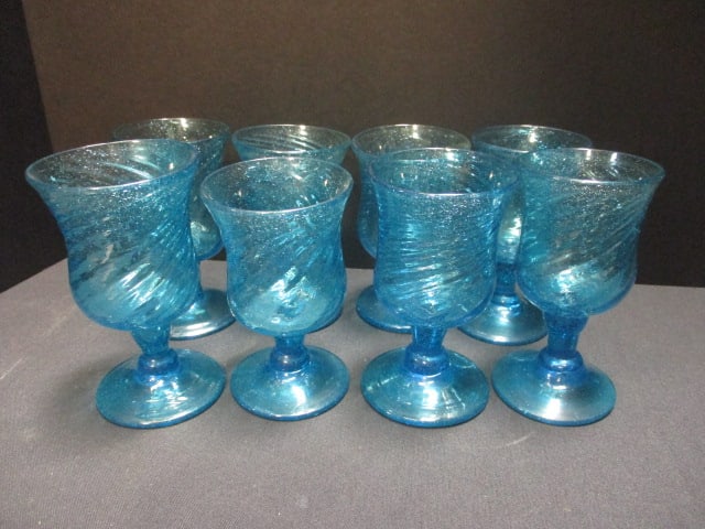 Handblown Aqua Swirl Pattern & Bubble Glass Wine Stems: 4 1/2" (Lot of 8)