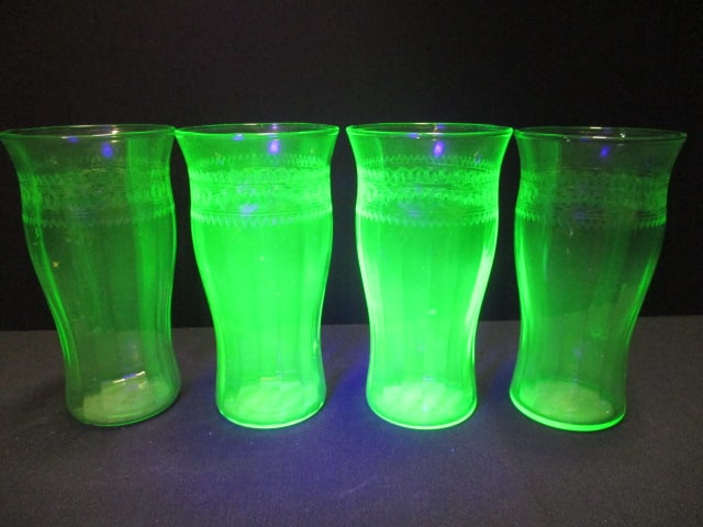 Uranium Glass Depression Style Tumblers (Lot of 4) 5 1/4" (1 of 3)