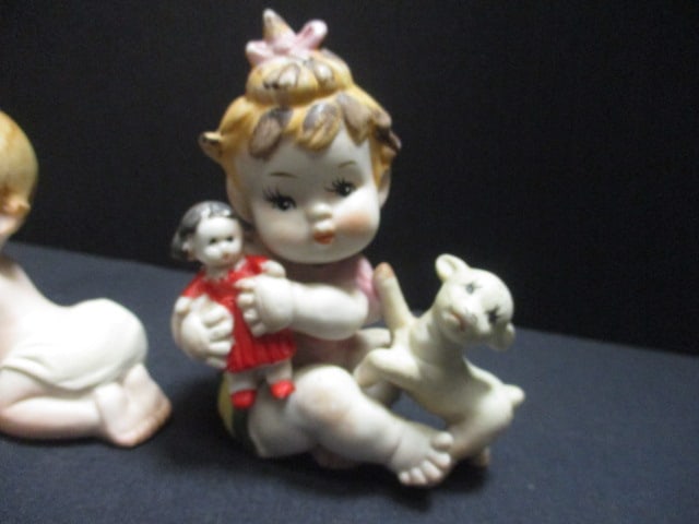 Porcelain Bisque Baby w/Lamb 2 1/2", Porcelain Child w/Doll 4", - 2