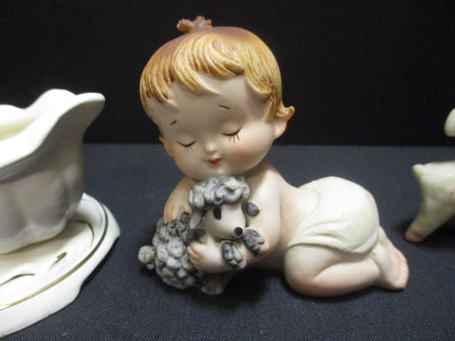 Porcelain Bisque Baby w/Lamb 2 1/2", Porcelain Child w/Doll 4", - 4