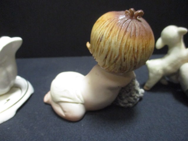Porcelain Bisque Baby w/Lamb 2 1/2", Porcelain Child w/Doll 4", - 5