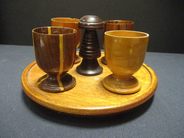 Vintage Wood Cordial Set w/Tray: 7" Diameter