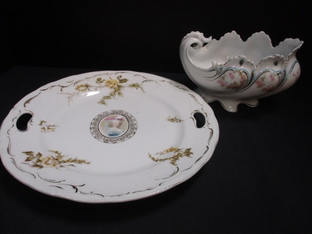 Victorian Style Cake Plate 9 1/2" & Austrian Porcelain Bowl 7": .