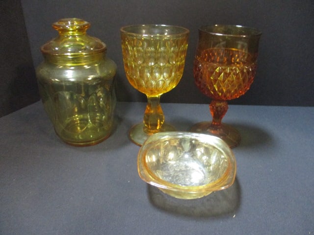 Amber Color Glassware-2 Goblets, Candy Dish (1 of 7)