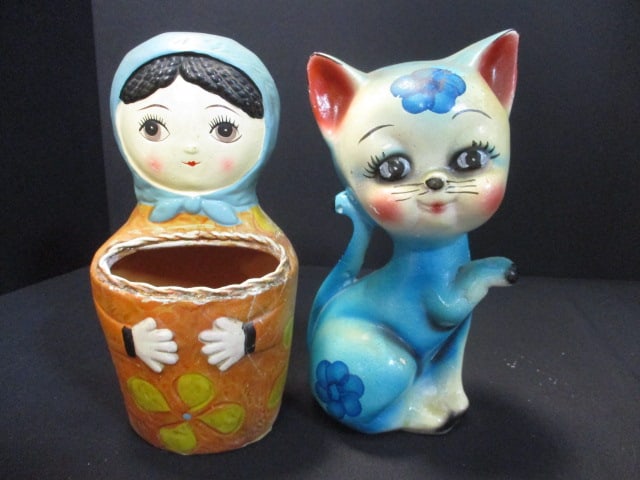 Japanese Doll Wall Pocket 8" & Japanese Cat Bank 8 1/2": .