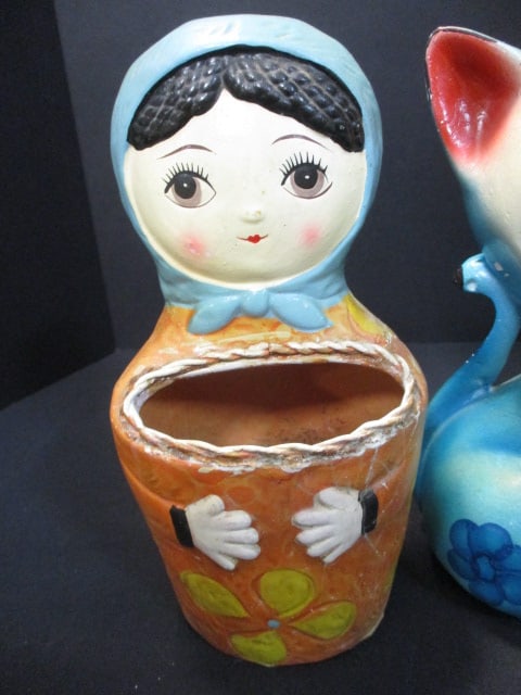 Japanese Doll Wall Pocket 8" & Japanese Cat Bank 8 1/2" - 2