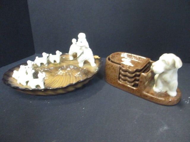 Ceramic Vtg. Dog Ashtray Set w/Holder & Poodle Dish: The Dish has a chip (see pictures)
